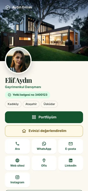 Anahtar tasarımı: Kapak fotoğrafı, yuvarlak portre, yetki belgesi rozeti, yeşil portföy düğmesi. Emlak için.