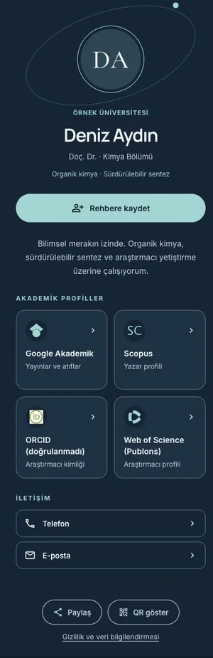 Araştırma tasarımı: Gece mavisi ve mint; araştırmacı portresi, akademik bağlantı kartları.