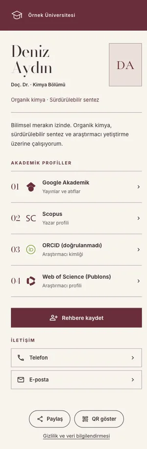 Bibliyografya tasarımı: Bordo antet, krem kâğıt ve zarif tipografi; numaralı akademik profiller.