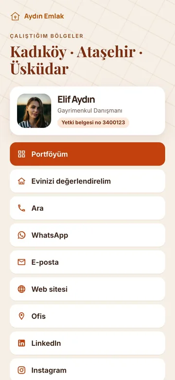 Bölge tasarımı: Çalışılan bölgeler başlıkta, kiremit rengi satırlar. Emlak için.