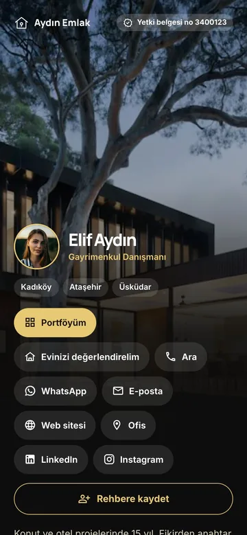 Gece Vitrin tasarımı: Tam ekran ev fotoğrafı, altın düğmeler, yetki belgesi üstte. Emlak için.