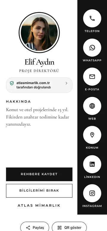 İkili tasarımı: Beyaz ve siyah iki bölüm, yanda yuvarlak simgeler.