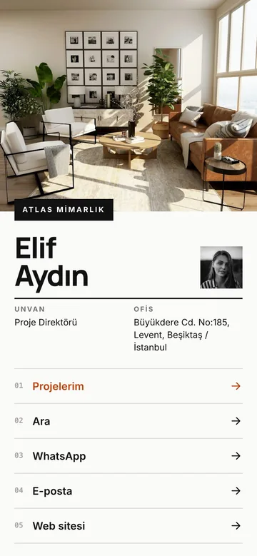 Kesit tasarımı: Beyaz ve sade, büyük fotoğraf, iri ad, ince çizgili satırlar. Mimarlık için.