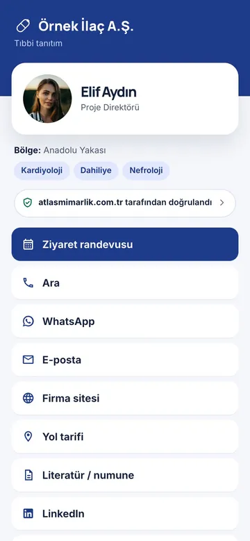 Kurumsal tasarımı: Firma lacivert bantta, beyaz kişi kartı, branş etiketleri. İlaç mümessili için.