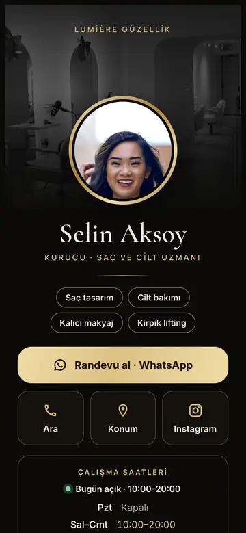 Noir tasarımı: Koyu lüks: kapak, metal halkalı portre, serif ad, hizmet etiketleri, saatler. Güzellik ve sağlık için; palet seçilir.