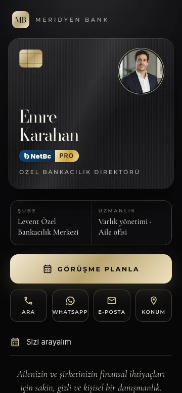 Onyx tasarımı: Mat siyah metal kart, şampanya altın çip ve çerçeve, kabartma serif ad. Bankacılık için.
