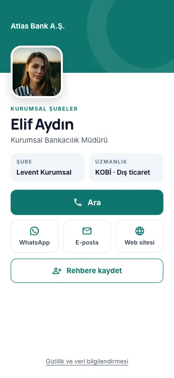 Portföy tasarımı: Kurum rengi bant, köşeli portre, şube ve uzmanlık kutuları. Bankacılık için.