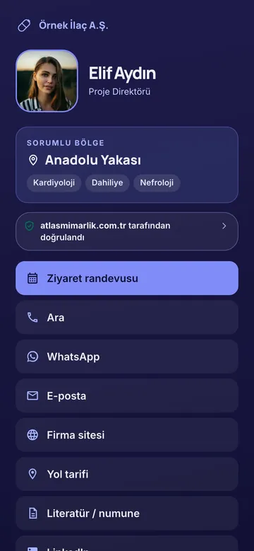 Saha tasarımı: Koyu çivit, sorumlu bölge öne çıkar, satır düğmeler. İlaç mümessili için.