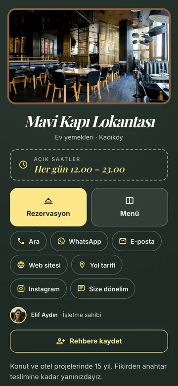 Tahta tasarımı: Kara tahta yeşili, açık saatler kutusu, büyük rezervasyon düğmesi. Yeme-içme için.